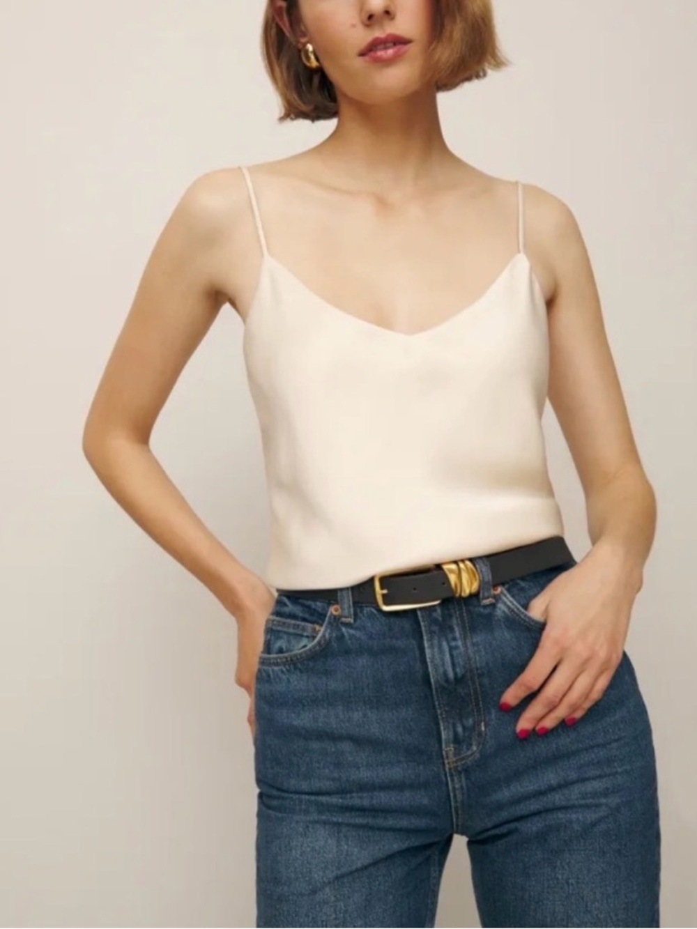 REFORMATION Silk Bias Cut Cream Spaghetti Strap Cami Top